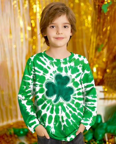 Image of Unisex Kids St. Patrick's Tie Dye Irish Clover Long Sleeve Shirt Shamrock Green Sweatshirt 6-14 Years