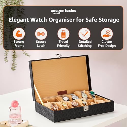 Image of amazon basics Unisex Faux Leather Watch Organiser Box with 12 Slots |Watch Organiser|33.5LX20.5BX8H cm| Black