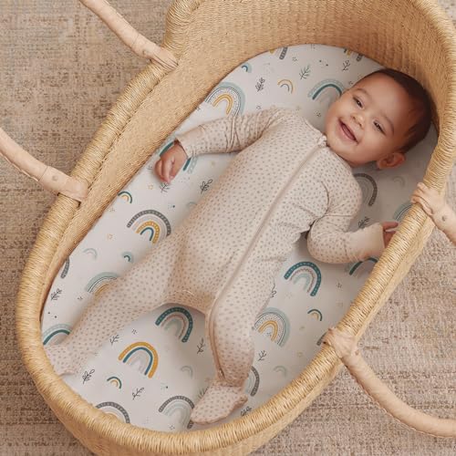 Image of Stretch Fitted Bassinet Sheet Set BROLEX 2 Pack Cradle Sheets for Bassinet Pad /Mattress,Unisex Boys Girls,Ultra Soft,Rainbow Stars