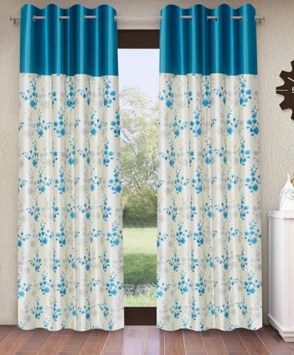 Image of Home Sizzler 2 Pieces Solid Patch Bloom Burst Eyelet Polyester Window Curtains - 5 Feet, Aqua