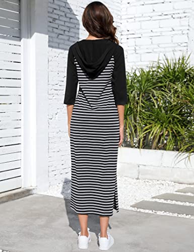 Image of MISSKY Women Casual Pocket Quarter-Zip Neck 3 /4 Sleeve Slim Split Pullover Hoodie Maxi Dress