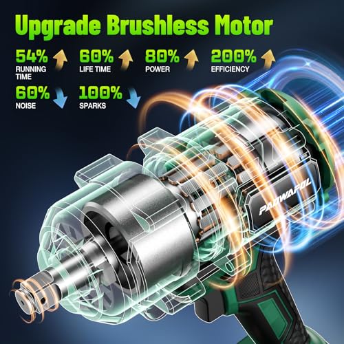 Paowafol 1500N.m(1106ft-lbs) Brushless Impact Wrench, High Torque 1/2\" Impact Driver with 2* 21V 4.0AH Battery, Fast Charger, 5 Sockets & Storage Case, Cordless Impact Driver for Home Car Truck Tires