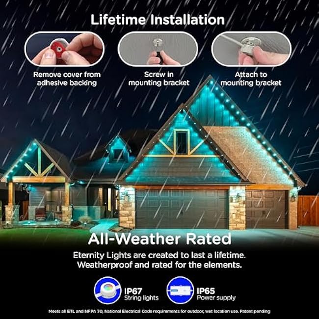 Enbrighten Vibe Eternity Permanent Outdoor Lights for House, 100ft, 72 RGBWIC LEDs, Close Spacing, 33lm, Color Changing, Christmas, Eave Lighting, Smart App, Works with Alexa, Google Home, 81103
