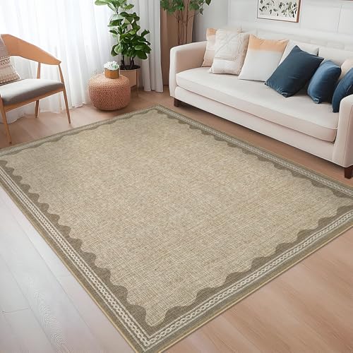 CAREMEE Scalloped Washable Rug 5x7 Area Rugs for Living Room, Solid Tan Rug for Bedroom Girls, Non Slip Scalloped Throw Mat with Rubber Back, Soft Dorm Nursery Low Pile Carpet for Dining Room