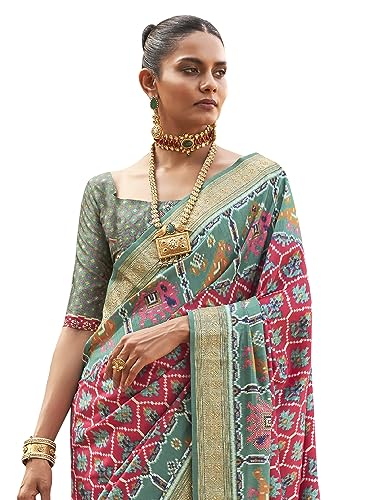 Image of SAREE MALL Women's Ikat Printed Tassels and Latkans Patola Silk Saree With Unstiched Blouse Piece (MORKLA588 RW Parent)