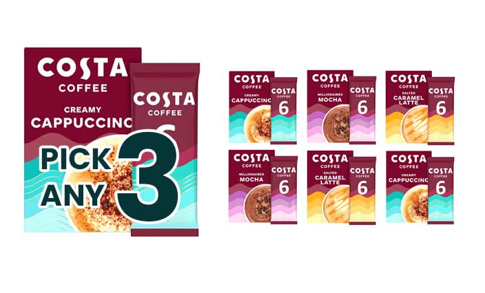 Costa Coffee Instant Sachets - Choose Any 3 Packs (18 Total) - Salted Caramel Latte, Millionaires Mocha, Creamy Cappuccino