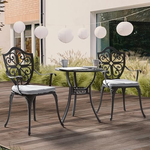 Image of NUU GARDEN Outdoor 3-Piece Bistro Set with Cushions, Round 24 Inch Cast Aluminum Bistro Table with 2.17 inch Umbrella Hole, 2 Cast Aluminum Bistro Chairs, for Patio, Garden, Backyard and Balcony, Black
