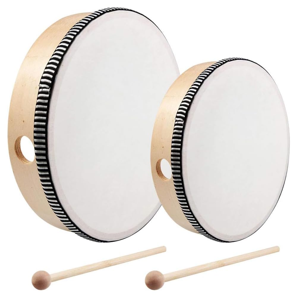 Pack of 2 (6 inch & 8 inch) Tambourine Tambourine, Drum with Beater Wood, Children's Drum, Tambourine, Hand Drum Percussion for Children, Tambourine Drum for Party, Games