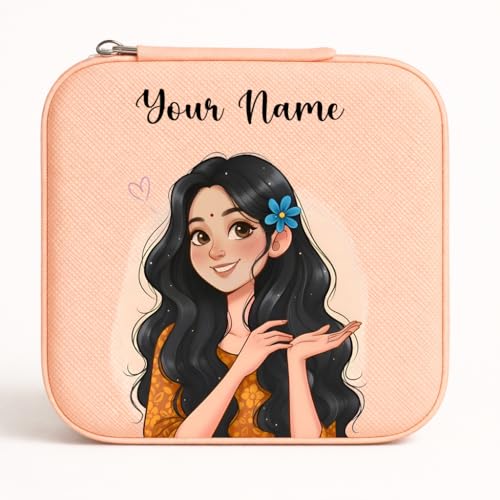 Image of PRIMIT Personalized Jewelry Box with Name & Birth Flower - Custom Travel Jewelry Organizer Case - Bridesmaid, Birthday, Christmas Gift for Women & Girls (Smiley Peach Girl)