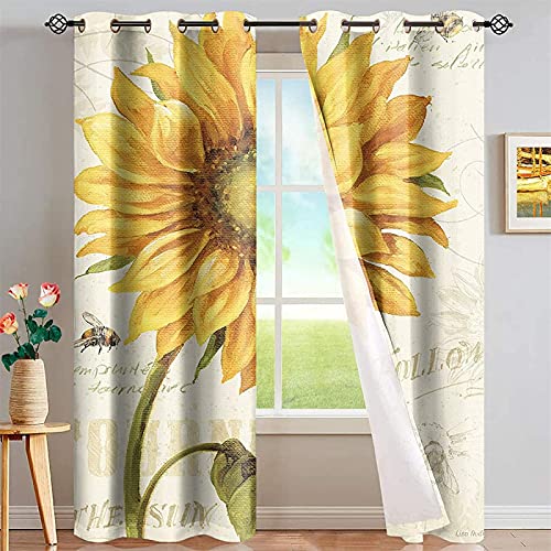 LKCD Rideau Occultant Enfant - Tournesol Abeille Imprimé 234X230Cm 3D Thermique Isolant Occultants A Oeillets Rideaux - Voilages Intérieurs De Salon Moderne Chambre Fille Décoration