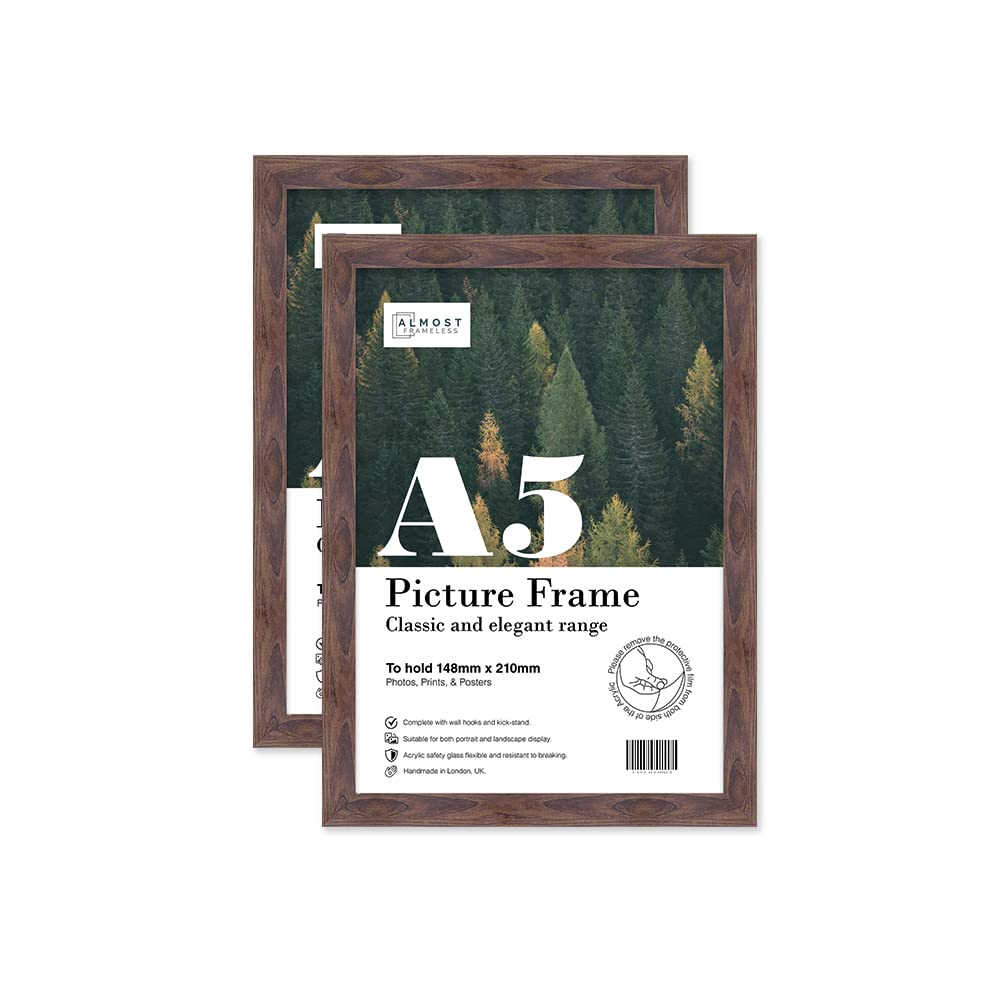 Almost Frameless A5 Walnut Picture Frame Set of 2, Display A5 Picture Gallery Wall, Poster, Photo, Artwork, or Print, Walnut