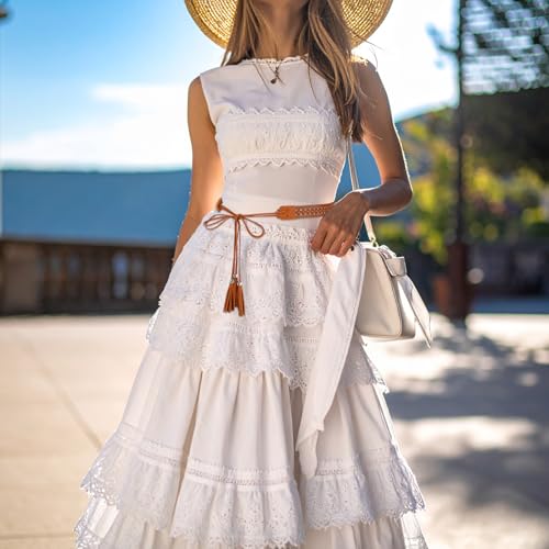 Boho Belts for Women, Vintage Cowgirl Belt, Western Ethnic Dress Belts, Soft Tassels Hollow Floral Waistband for Weddings Parties2