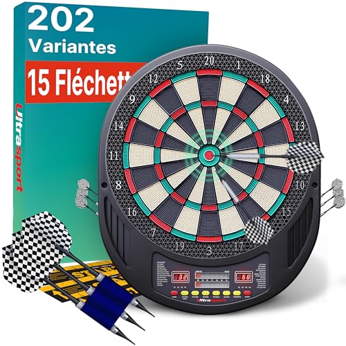 Ultrasport Jeu de fléchettes électrique sans Portes Machine fléchettes jusqu'à 8 Joueurs avec Ligne Lancer 12 fléchettes 100 Pointes Souples fléchettes...