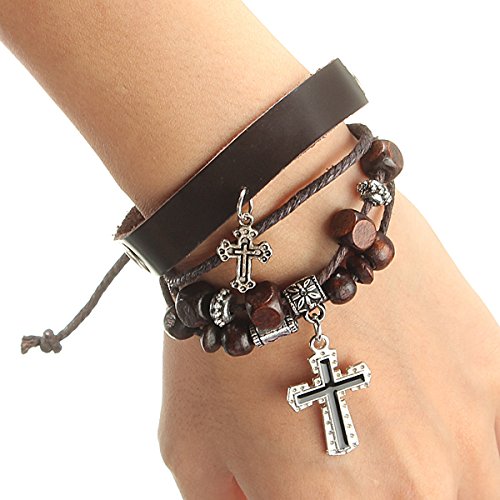 Charms Bracelet Bangle PU Leather Cuff Chain Cross Bangle Punk Weave Unisex