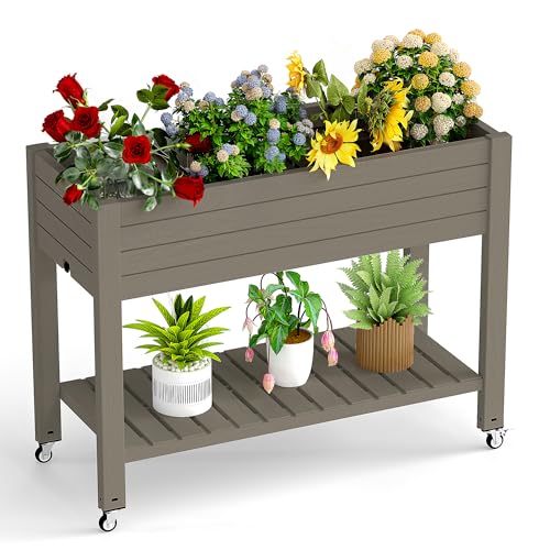 GYMHILL Elevated Raised Garden Bed with Wheels,Outdoor Large Resin Patio Planter Box Stand Divisible with Drain Plug,Water Monitor for Plants Vegetables Flowers Fruits(Grey,43.31 * 17.72 * 33.66)