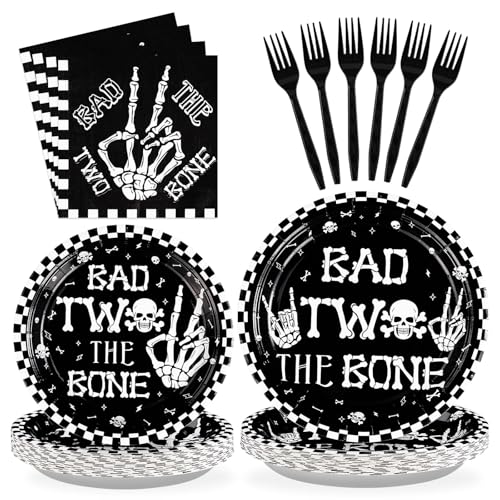 Image of Greencian 96Pcs Bad Two The Bone 2nd Birthday Party Supplies, Serve 24 | Black White Rock Plates and Napkins Bone Skull 2nd Birthday Tableware Set for Boy Skeleton Rock And Roll Party Decorations
