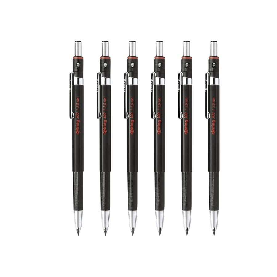 rOtring Portaminas 300 | 2.0 mm | Recargable con sacapuntas debajo de la tapa | Negro | 6 unidades