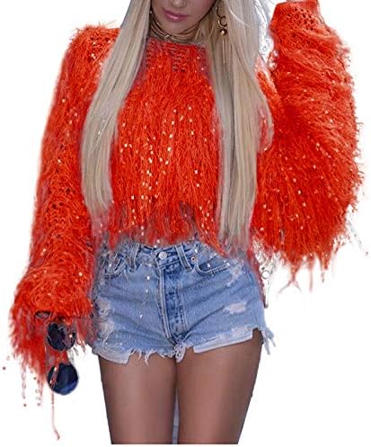 Womens Fashion Pullover Sweaters - Long Sleeve Fall Winter Clothes Warm Faux Fur Fringe Oversized Crop Tops Outwear (Red, Small)