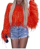 Womens Fashion Pullover Sweaters - Long Sleeve Fall Winter Clothes Warm Faux Fur Fringe Oversized Cr