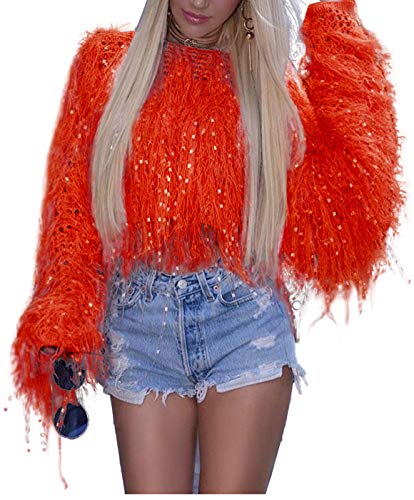 Womens Fashion Pullover Sweaters - Long Sleeve Fall Winter Clothes Warm Faux Fur Fringe Oversized Crop Tops Outwear (Red, Small) #TOP23