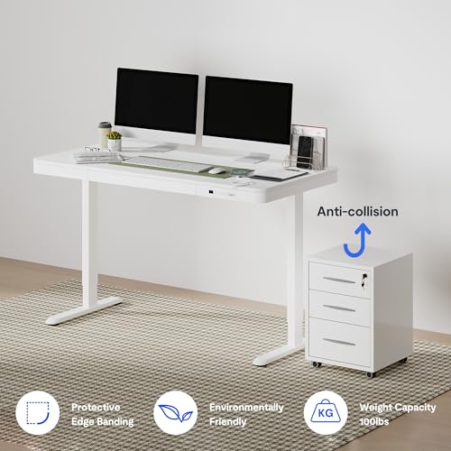 Image of FLEXISPOT Comhar 55 inch Electric Standing Desk with Drawers, USB Charging Ports, Quick Assembly, Height Adjustable Sit Stand Computer Desk with Child Lock for Modern Minimalist Home Office, White