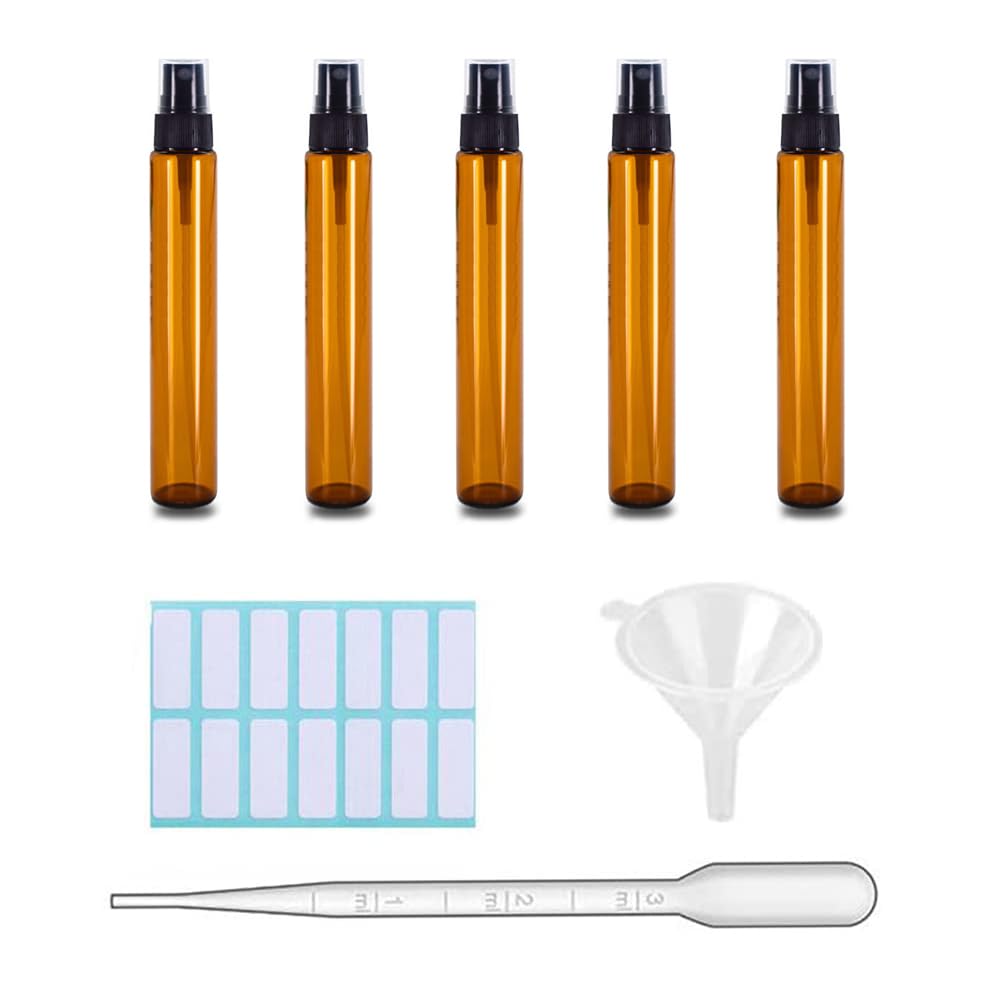 SKYPRO 5Pcs 10ml Amber Glass Spray Bottles, Fine Mist Spray Bottles with Pipette Funnel Labels, Mini Travel Dispenser Bottles for Essential Oils Cleaning Skin Care