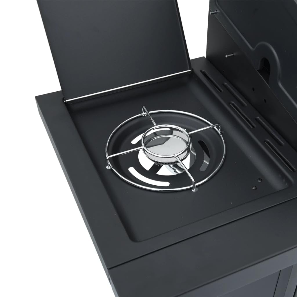 Barbecue a gas con 5 fiamme, 16 kW, per esterni, con termometro, ripiani laterali, ruote, acciaio verniciato a polvere, nero