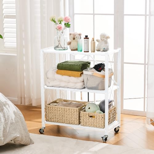 Image of BRIAN & DANY 3-Tier Foldable Storage Shelves with Wheels, No Assembly Folding Shelf Metal Rack, Shelving Unit for Kitchen, Garage, White