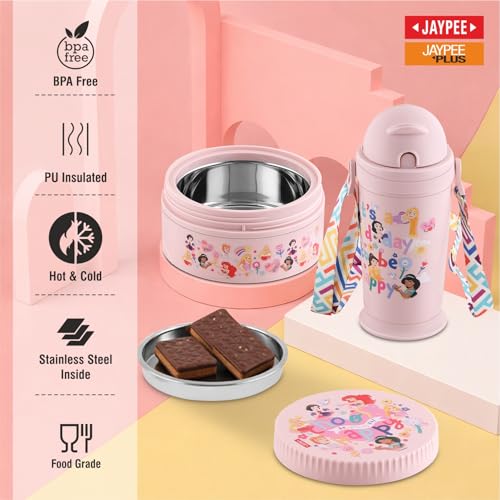Image of JAYPEE First Step Inner Stainless Steel Insulated Lunch Box Meal and Sip Combo for School Kids Water Bottle Sipper & Disney Princess School Kids Tiffin Box 375 & 270 ml Water Bottle, Pink