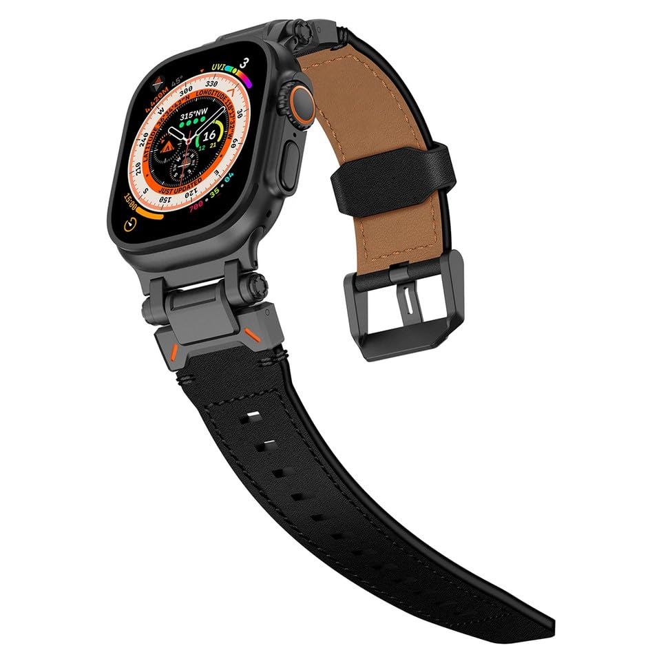 Bracelet de montre en cuir véritable noir avec étui iWatch 44mm chic