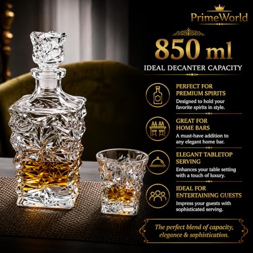 Image of PrimeWorld European Diamond Crystal Clear Glass Decanter 1 Pcs - Perfect For Whiskey, Scotch, Wine, Vodka, Tequila, Rum Etc (850 milliliter)