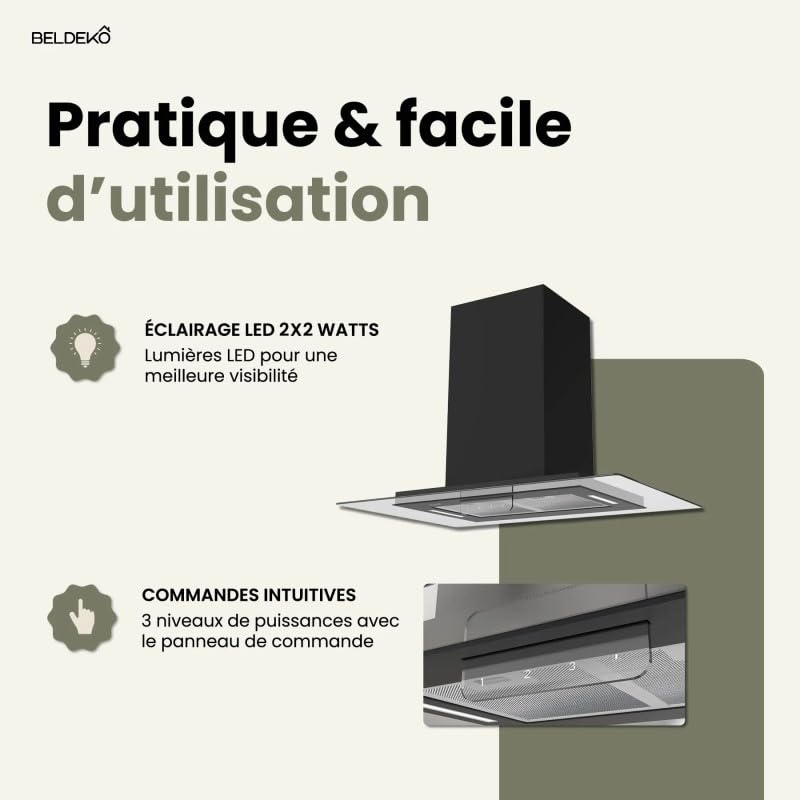 BELDEKO - Hotte îlot aspirante 90 cm NOIR - Minuteur - Débit 556 m³-h - 3 vitesses - LUDIA 90 BK