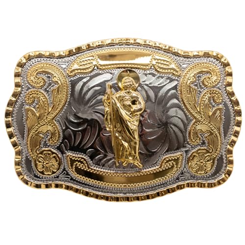 Image of WMG Western St Jude Belt Buckle Gold Silver Saint Jude San Judas Cowboy Buckle Hebilla Vaquero Rodeo
