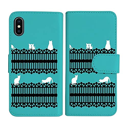 sslink iPhone17 Pro Max アイフォン17プロマックス 対応 手帳型 ブルー ケース 猫 ねこ ネコ おさんぽ 白猫ブラックレース ダイアリータイプ 横開き カード収納 フリップ カバー