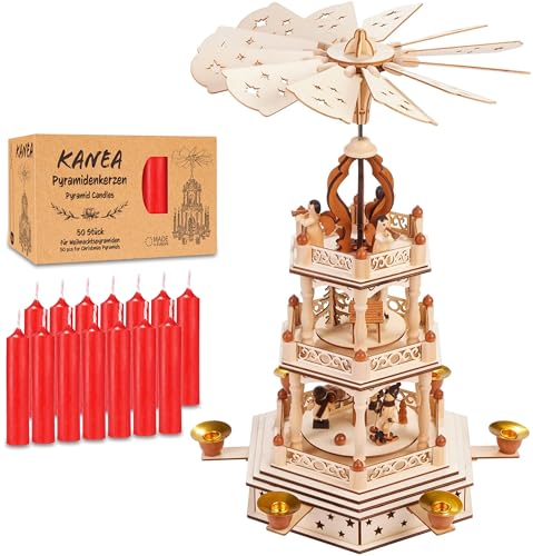 BRUBAKER Pyramide de Noël avec Lot de 50 Bougies Rouges - Carrousel Rotatif à Trois Niveaux avec Figurines en Bois Peintes à la Main - Décoration de Fête de 44 cm - Finition Naturelle