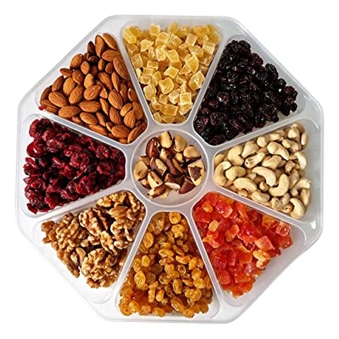 Ginco Fruit and Nut 1kg Selection Tray, 9 Types of Premium Raw Nuts & Fruits Including Cashews, Walnuts, Almonds, Brazil Nuts, Papaya, Pineapple, Cranberries, and More in Reusable Luxury Gift Tray Cover
