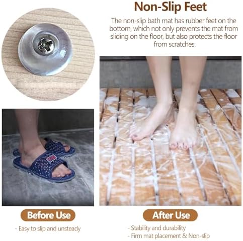 Non-Slip Wood Bath Mat,30 31 33 35 37 Ft Width Teak Wood Shower Mat - Square Bath Mat with Anti-Slip Foot & Center Drain Hole, Raised Comfortable Board for Doorway Sauna Spa Yard Patio Pool