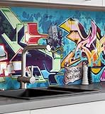 MyMaxxi Küchenrückwand Folie selbstklebend matt - einfache Montage ohne Bohren 0,4mm stark Versteift - Motiv Graffiti 1 60cm hoch - Spritzschutz Küche Klebefolie - Bunt Schrift 60 x 60cm