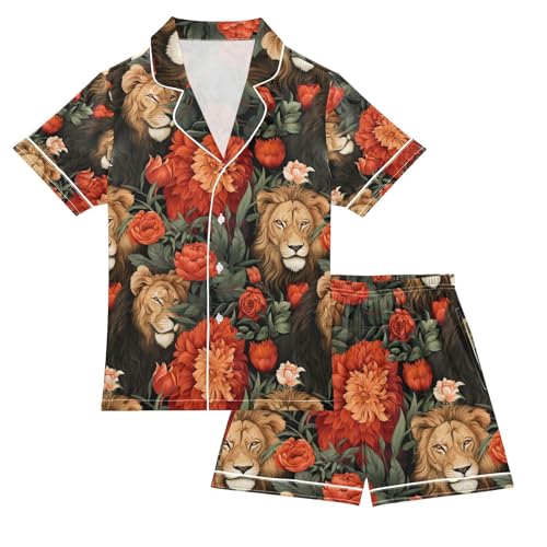 senya Lion with Flowers Satin Summer Pajama Sets Silk Short Sleeve Button Down Sleepwear