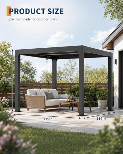 Image of 10X10 FT Louvered Pergola with Adjustable Roof, Integrated Drainage System, Easy Installation, Outdoor Pergola for Backyard, Garden, Poolside, Hardtop Gazebo