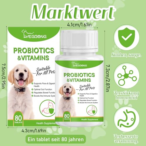 Probiotika Hund, Probiotika Katze, Darmflora Aufbauen Hund und Katzen, 80 Tabletten, Vitamin A, Vitamin B1, Vitamin B2, Fördert Die Verdauungsgesundheit und Beugt Fettleibigkeit Vor, Katzen und Hunde