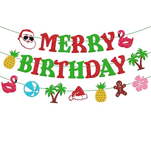 July Christmas Merry Birthday Banner Hawaii Mele Kalikimaka Bday Party Decorations Christmas Tropical Summer Flamingo Pineapple Beach Ball Coconut Tree Hibiscus Flower Gingerbread Man Sign Party