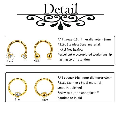 Jovivi 16G Lip Rings Stainless Steel Monroe Labret Studs Cartilage Tragus Earrings Nose Ring Hoop Lobe Daith Rook Helix Earring Stud Barbell Piercing Jewelry for Women Men 14 Pcs4