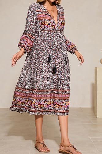 R.Vivimos Women's Long Sleeves Floral Print Retro V Neck Tassel Casual Bohemian Midi Dresses2