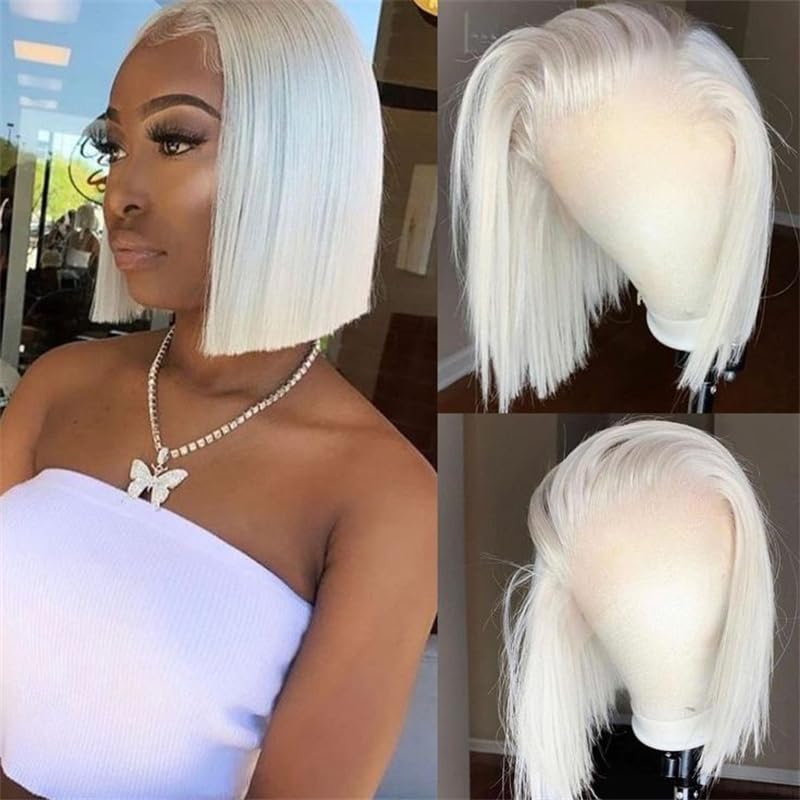Guanyuwigs 13x4#60 Color Platinum Blonde Short Bob Wigs Lace Front Wig Human Hair With Pre Plucked Brazilian Ash Blonde Straight Bob Wig (14inch)