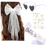 4 Stück JGA Accessoires Frauen, Weißer Schleier mit Perlen, Bride to Be Schärpe, Herz-Sonnenbrille, Bride Tattoo Aufkleber, JGA Deko Frauen für Junggesellenabschied Frauen und Hochzeitsfotografie