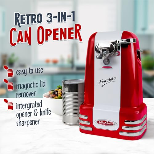 Image of Nostalgia Retro Electric Can Opener for Kitchen with Magnetic Lid Remover, Knife Sharpener, and Soda or Beer Bottle Opener, Red