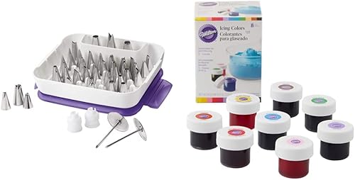 Wilton, Juego de 55 piezas de puntas decorativas y colores de glaseado, 8 colores de glaseado, (el embalaje puede variar)