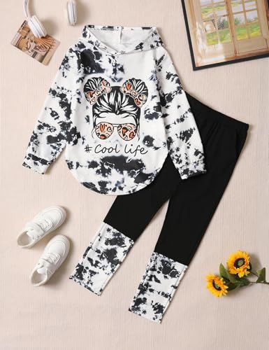 Image of Girls 2 Pcs Fall Winter Tie Dye & Leggings Outfits For Teens 5-14 | 2026 Girls Fashion Trendy, Long Sleeve Hoodie, Cool Life Print, Patchwork Pants, Back to School Holiday Tracksuit