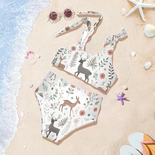 Girls' Bikini Set, Deers Floral Elements Branches Kids Swimsuit 2 Pcs Beach Bathing Suit4